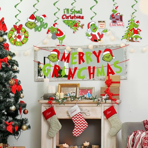 Adurself Christmas Party Decorations - 38Pcs Red Green Hanging Swirls Foil Swirl Ceiling Hanging Decorations Merry Christm...
