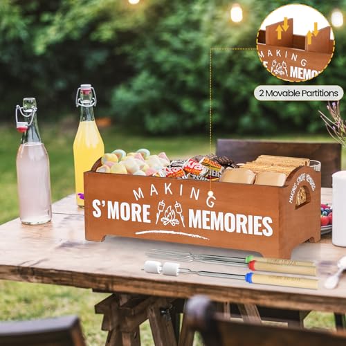 Smores Kit, S'Mores Station with 5 Extendable Marshmallow Roasting Sticks, Farmhouse Smores Caddy with Handles, Wood Smore...