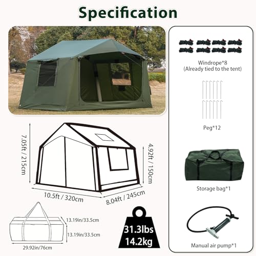WaldZimmer Inflatable Camping Tent with Hand Pump Waterproof Outdoor Blow up Tent 2-8 Person Oxford 4 Season Glamping Air ...