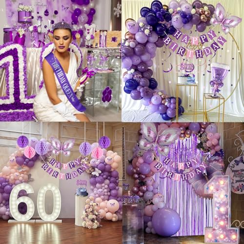 Purple Birthday Decorations, Purple Pink Party Decorations with Happy Birthday Banner, Balloons, Bday Sash, Crown, Butterf...