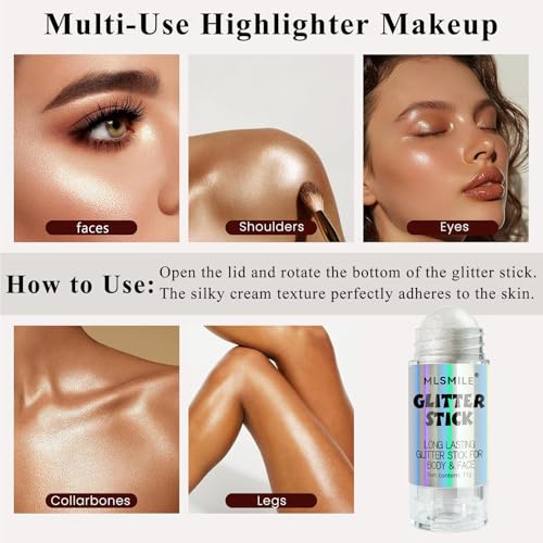 White Body Glitter Stick, Multi-Use Roll-on Face Body Glitter for Women & Kids, Long Lasting Shimmer, Travel Size Sparklin...