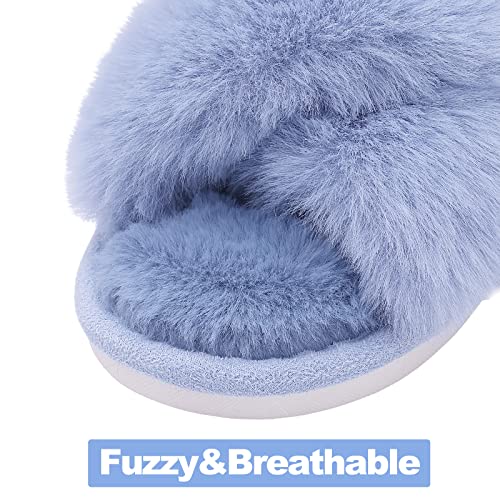 Evshine Women's Fuzzy Slippers Cross Band Memory Foam House Slippers Open Toe