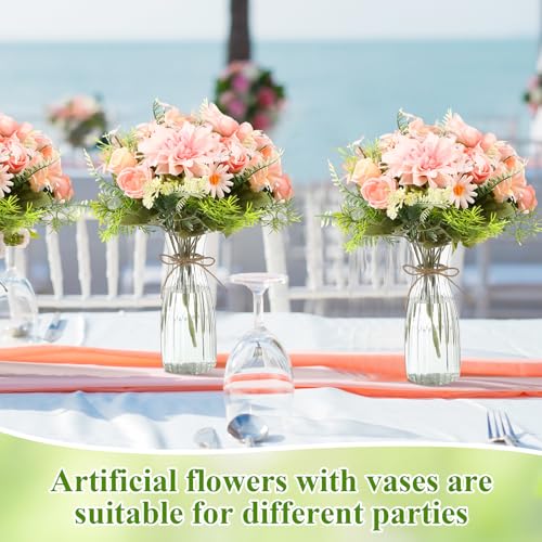 Reallnaive 30 Pack Artificial Flowers with Vase Bulk, 20 Bundles Silk Floral Bouquet 10 Clear Vase with 1 Pcs Rope, Mason ...