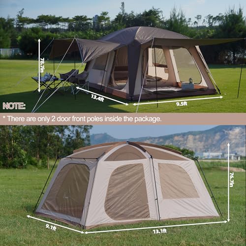 Vidalido 8-10 Person Camping Tent with 3 Door 2 Room Large Family Cabin Tents, Double Layer Waterproof Portable Glamping T...