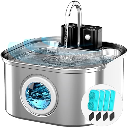 Lawfery Wireless Cat Water Fountain Stainless Steel with 4 Filters & 4 Sponges, 3.2L/108oz Battery Operated Pet Fountain, ...