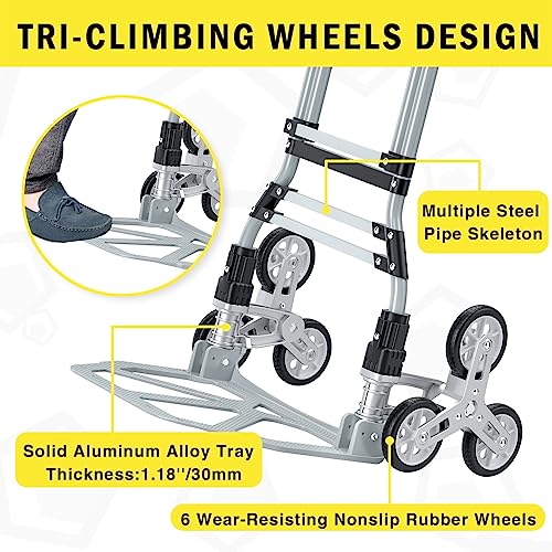 260 LBS Stair Climbing Cart, Aluminum Trolley Dolly for Stairs, Folding Hand Truck Dolly, Grocery Shopping Cart with Mute ...