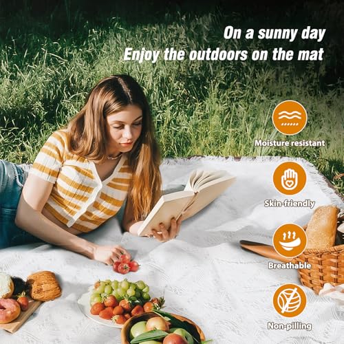 DLCOFOUND 2-in-1 White Picnic Blanket, Extra-Large Waterproof Picnic Mat,Outdoor Blanket for Camping, Beach, Park,Portable...