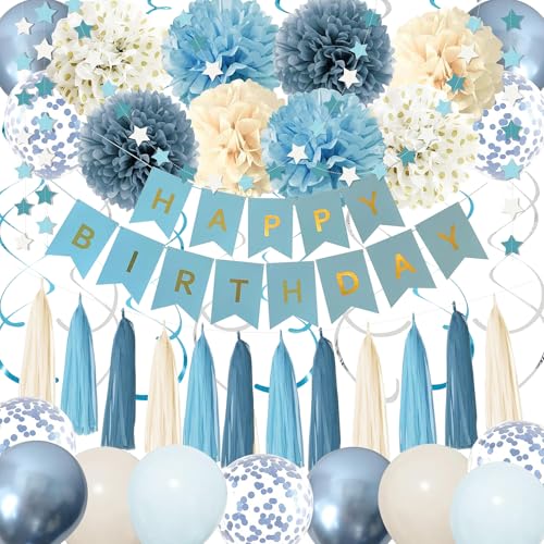 Dusty Blue Party Decorations with Blue Sand Gold Balloons, Happy Birthday Banner, Paper Pompoms, Star Banner for Boys Kids...