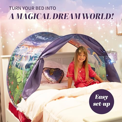 Dream Tents Unicorn Themed Toddlers Canopy Tent for Bed | Magical Glow-in-The-Dark Elements & Friendship Affirmations | Co...