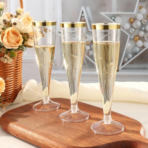 Bestluck 100 Pack Champagne Flutes Plastic with Gold Rim, 4.5 oz Clear Plastic Disposable Stemware, Disposable Champagne F...