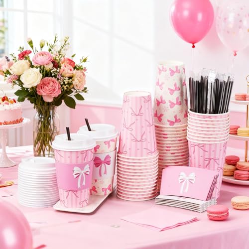 Jingmore 100 Set Pink Bow Coffee Cups with Lids, Straws and Sleeves Pink Bowknot Disposable Drinking Cup for Wedding Coque...