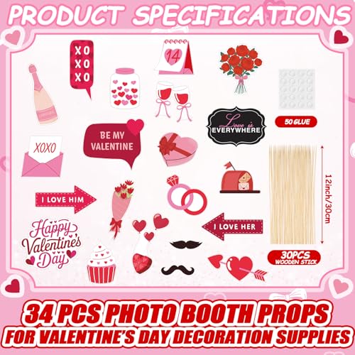 Suncalla 34 Pcs Valentine's Day Photo Booth Props Kit Red Pink Celebrate Valentine Day Photo Props Funny Hat Glasses Headb...