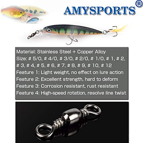 AMYSPORTS High Strength Fishing Swivels Barrel Solid Ring Barrel Fishing Swivel Rolling Fishing Tackle Line Connector Salt...