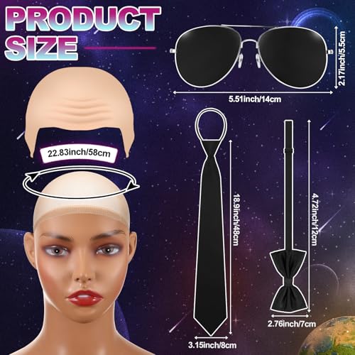 Mepase 8 Pcs Halloween Latex Bald Caps with Head Wig Caps Sunglasses Tie and Bow Tie for Adults Men Halloween Party Cospla...
