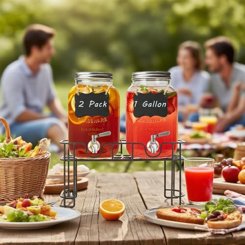 Ltzmcmy 1 Gallon Glass Drink Dispensers for Parties,2 Pack Beverage Dispenser with Stand and Stainless Steel Spigot,Glass ...