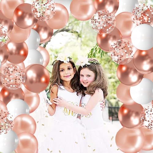 Zesliwy Rose Gold Confetti Balloons, 50 Pack 12 inch White and Rose Gold Latex Balloons with 33 Feet Rose Gold Ribbon for ...