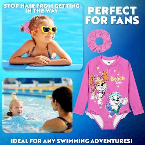 Paw Patrol Girls Swimsuit Long Sleeve Pink One Piece Bathing Suit for Girls with Scrunchie