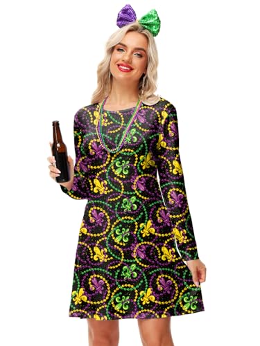 Deerose Women Vanlentine Dress Long Sleeve Mardi Gras Holiday Printed A Line Dresses with Pockets