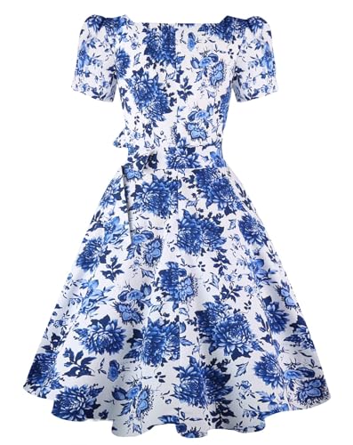 OBBUE Women's Square Neck Dress Vintage 1950s Cocktail Party Dress with Puff Sleeves