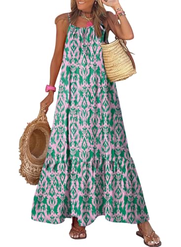 Dokotoo Women Summer Dresses 2026 Spaghetti Strap Scoop Neck Smocked Ruffle Flowy Boho Maxi Dress
