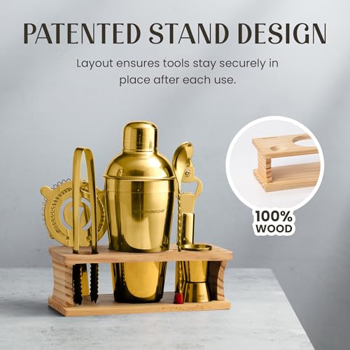 Modern Mixology Cocktail Shaker Set - 8 Piece Bartender Kit on Quality Pine Stand | Complete Cocktail Kit Gift Set | Top B...