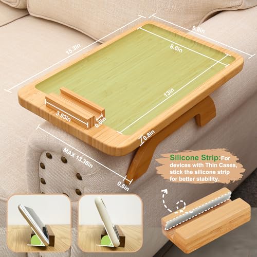 SINWANT Couch Arm Tray,Bamboo Sofa Clip on Side Table,Foldable Couch Armrest Table with 360° Phone Holder,Food Trays for E...