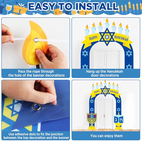 3PCS Happy Hanukkah Porch Banners Chanukah Door Decorations Shalom Hanukkah Party Door Covers Banner Hanging Backdrop Porc...