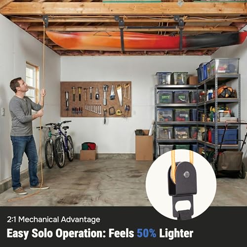 RoakyRoasy Kayak Hoist for Garage Ceiling with Metal Pulley System Holds 150 lbs, 5.5" Low-Profile Canoe Storage Lift, Par...