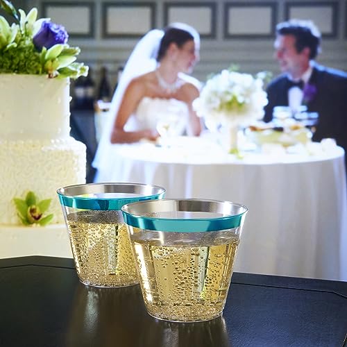 100 Teal Rimmed Plastic Cups and 1 Silver Ice Tong Set - 9 Ounce Disposable Wine Glasses - Plastic Cocktail Glasses - Fanc...