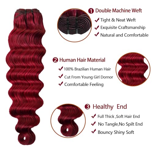 99j Burgundy Human Hair Bundles with Closure Loose Deep Wave 12 14 16+12inch 99j Burgundy Win Red Colored Human Hair with 4x4 HD Lace Closure,10A Brazilian Raw Quick Loose Wave Bundles