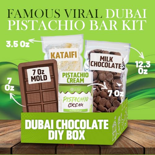Dubai Chocolate Bar DIY Kit – Includes Mold, 12.3 oz Melting Wafers, 3.5 oz Kataifi, 7 oz Pistachio Spread – Gift Kit for ...
