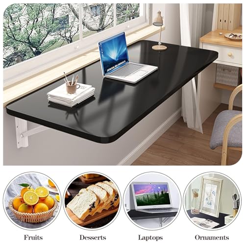 CYGJSYEA Wall Mounted Folding Table,Black Floating Desk for Small Spaces,Stainless Steel Bracket Laundry Folding Table,Wal...