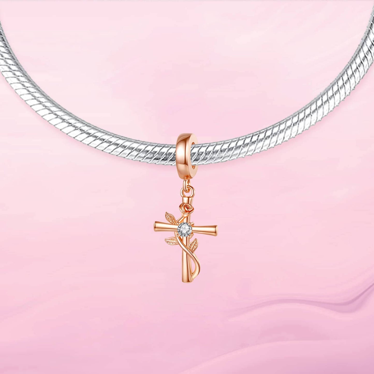 VALGACLS The Rose Cross Charms for Bracelets Necklace Rose Gold Charms 925 Sterling Silver Cross Charms