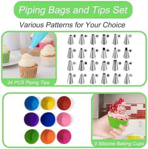 Suuker Piping Bags and Tips Set, Reusable Icing Bags and Tips with 24 Piping Tips, 2 Reusable Pastry Bags, 9 Silicone Baking Cups, Coupler, Cake Decorating Kit for Frosting Cookie, Cupcake(38 Pcs)