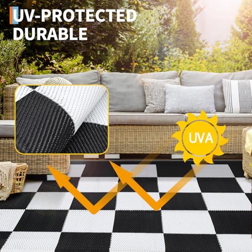 GarveeLife Waterproof Outdoor Rug 9x12 Modern Checkered Reversible Outdoor Mat Lightweight Plastic Straw Rug UV Resistant ...