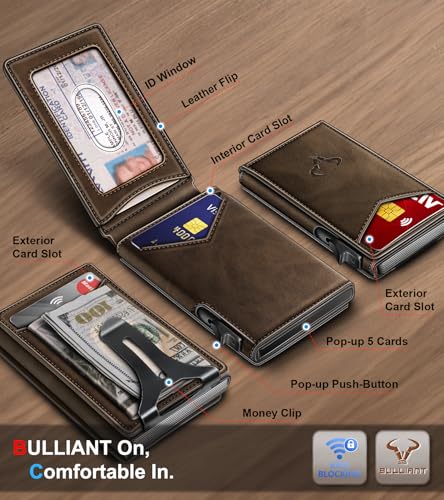 BULLIANT Men Wallet,Money Clip Wallet Slim For Gift Men 9Cards-Metal Credit Card Case in Magnetic Leather Flip