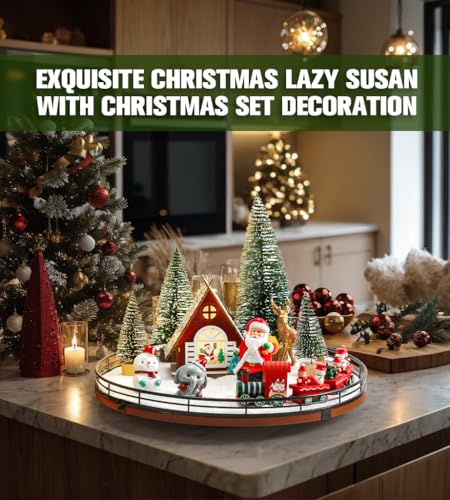 AMH 12 PCS Christmas Table Decorations Set with Oak Rotating Base – Xmas Town Village Centerpiece with Santa, Train, Hous...