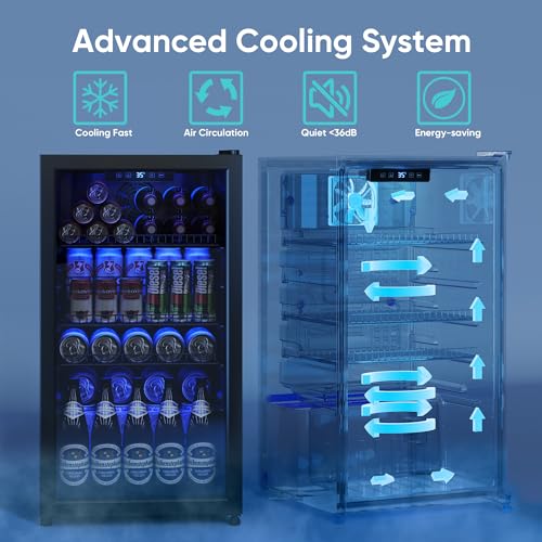 Tehanld Beverage Fridge, 130 Can Mini Fridge With Glass Door, Beverage Cooler Refrigerator, Wine Drink Beer Cooler, Adjust...
