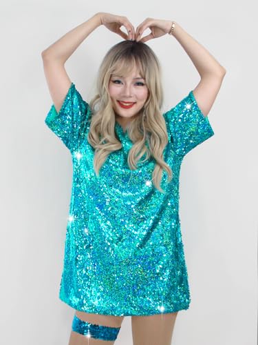 Muztagata Sequin T-Shirt Dress Sparkly Casual Short Sleeve Party Club Outfit Costume