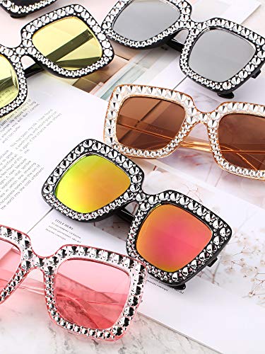 Frienda 6 Pairs Rhinestone Oversized Square Sunglasses 70s Women Dazzled Sunglasses for Disco Party Concert Photo Props