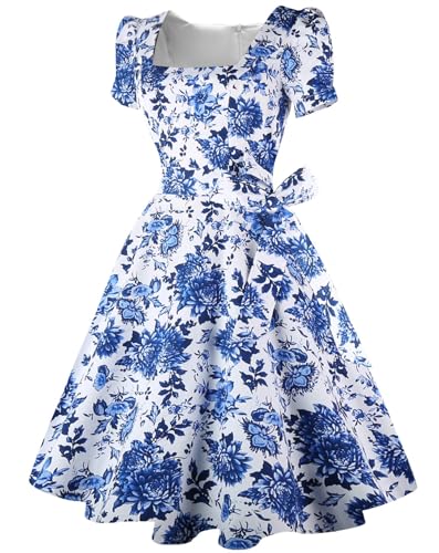 OBBUE Women's Square Neck Dress Vintage 1950s Cocktail Party Dress with Puff Sleeves
