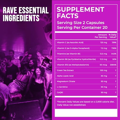 Pre-Rave Supplement - 5-HTP Free Rave Vitamins with CoQ10, Magnesium, Green Tea - Festival Essentials for Energy, Wellness...