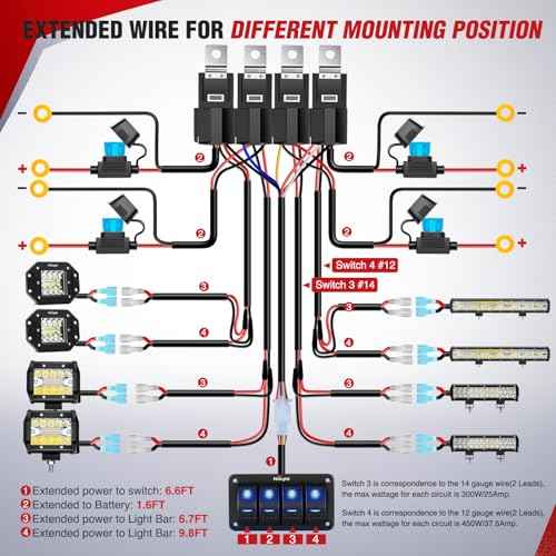 Nilight 16AWG 14AWG 12AWG LED Light Bar Wiring Harness Kit 12V On/Off 4 Gang Rocker Switch Panel Power Relay Blade Fuse 5Pin Toggle Switches for Cars Boat ATV Trucks-8 Leads