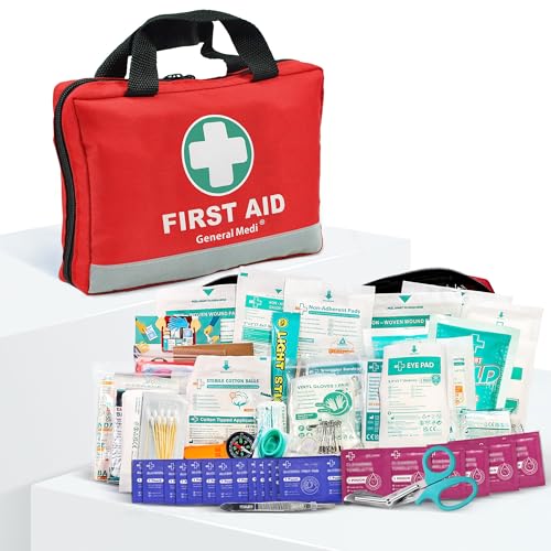 General Medi First Aid Kit -309 Pieces- Reflective Bag Design - Including Bandages, Moleskin Pad and Emergency Blanket for...