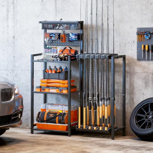 Fishing Rod Holders for Garage, Fishing Pole Rack with 3 Tier shelf, Heavy Duty Fishing Pole Holders with Pegboard and Bas...