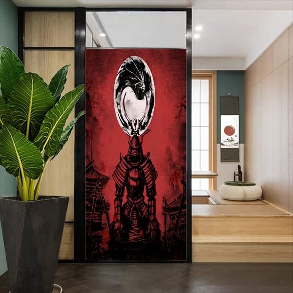 Japanese Samurai Window Film Abstract Vintage Samurai Blossom Dragon Full Moonstained Glass Window Film,Playroom Window Film,Nursery Window Film 35.4Wx78.7L-Inch X1Pcs