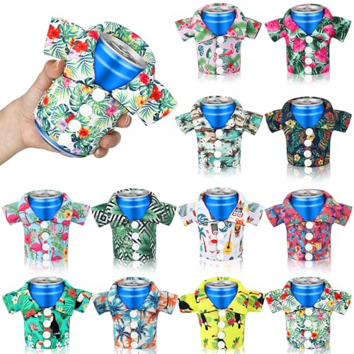Pickmesh 12 Pack Tropical Shirt Can Cooler Sleeves 12 oz Hawaiian Funny Can Cooler Bulk for Beer Beverage Soda Birthday Be...