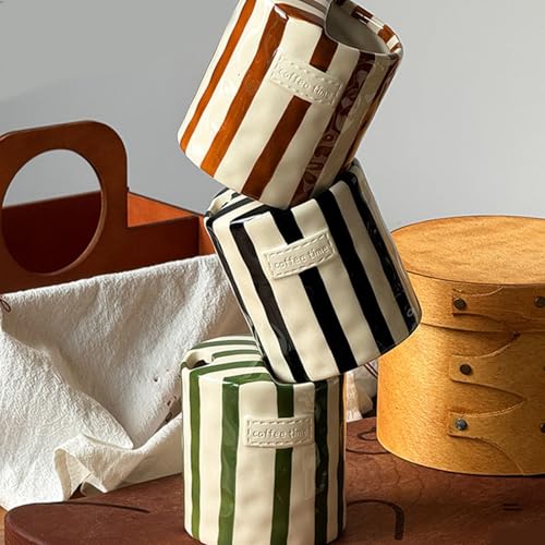 Retro Coffee Mug, Ceramic Striped Coffee Mugs for Coffee Bar Accessories, 350ml Ceramic Coffee Mug with Sip Top Lid, Hand ...