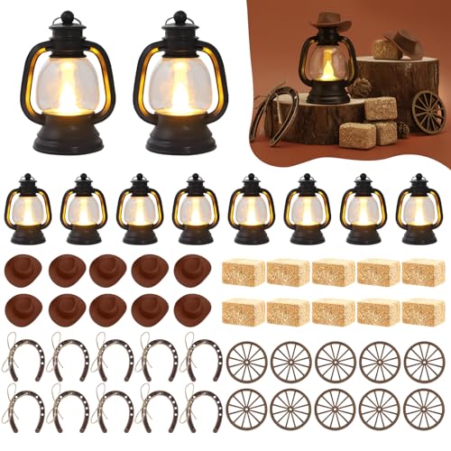 50 PCS Western Theme Party Centerpiece - Cowboy Decor with Mini Hay Bales, Cowboy Hat, Black Lantern, Horseshoe Wagon Whee...