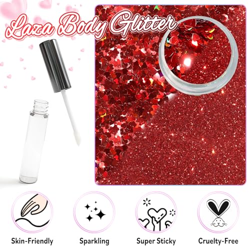 Laza 2 Jars Body Glitter for Valentine’s Day Hair Accessories Heart Glitter Chunky Sequins with Glitter Glue for Women Eye...